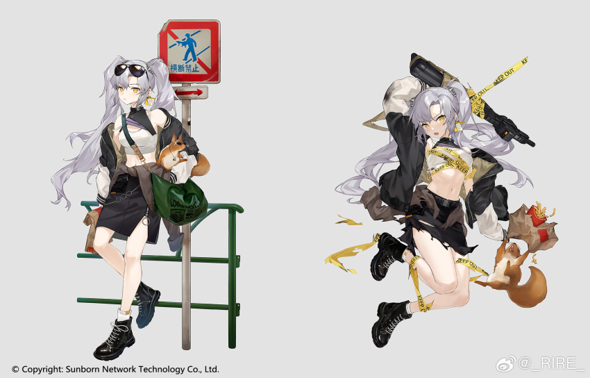 1girl arm_up aug_para_(girls&#039;_frontline) aug_para_(pisco_sour)_(girls&#039;_frontline) bag belt black_belt black_boots black_choker black_jacket black_skirt blush boots breasts brown_cardigan brown_eyes buckle bullpup cardigan cardigan_around_waist casual caution_tape choker clothes_around_waist clothes_pull copyright_notice crosswalk earrings emoji eyebrow_piercing floating floating_object food french_fries full_body girls&#039;_frontline grey_background grey_hair gun gun_sling highres holding holding_bag holding_gun holding_weapon jacket jacket_pull jewelry jumping keep_out lace-up_boots legs long_hair long_sleeves looking_at_viewer medium_breasts midair multicolored_jacket multiple_views navel official_alternate_costume official_art open_clothes open_jacket open_mouth paper_bag piercing shirt single_earring skirt smile_(mm-l) snap-fit_buckle socks solo squirrel steyr_aug_para submachine_gun sweat sweatdrop tag_earrings tongue tongue_out torn_clothes torn_jacket torn_shirt torn_skirt twintails two-tone_jacket utility_belt weapon white_shirt white_socks