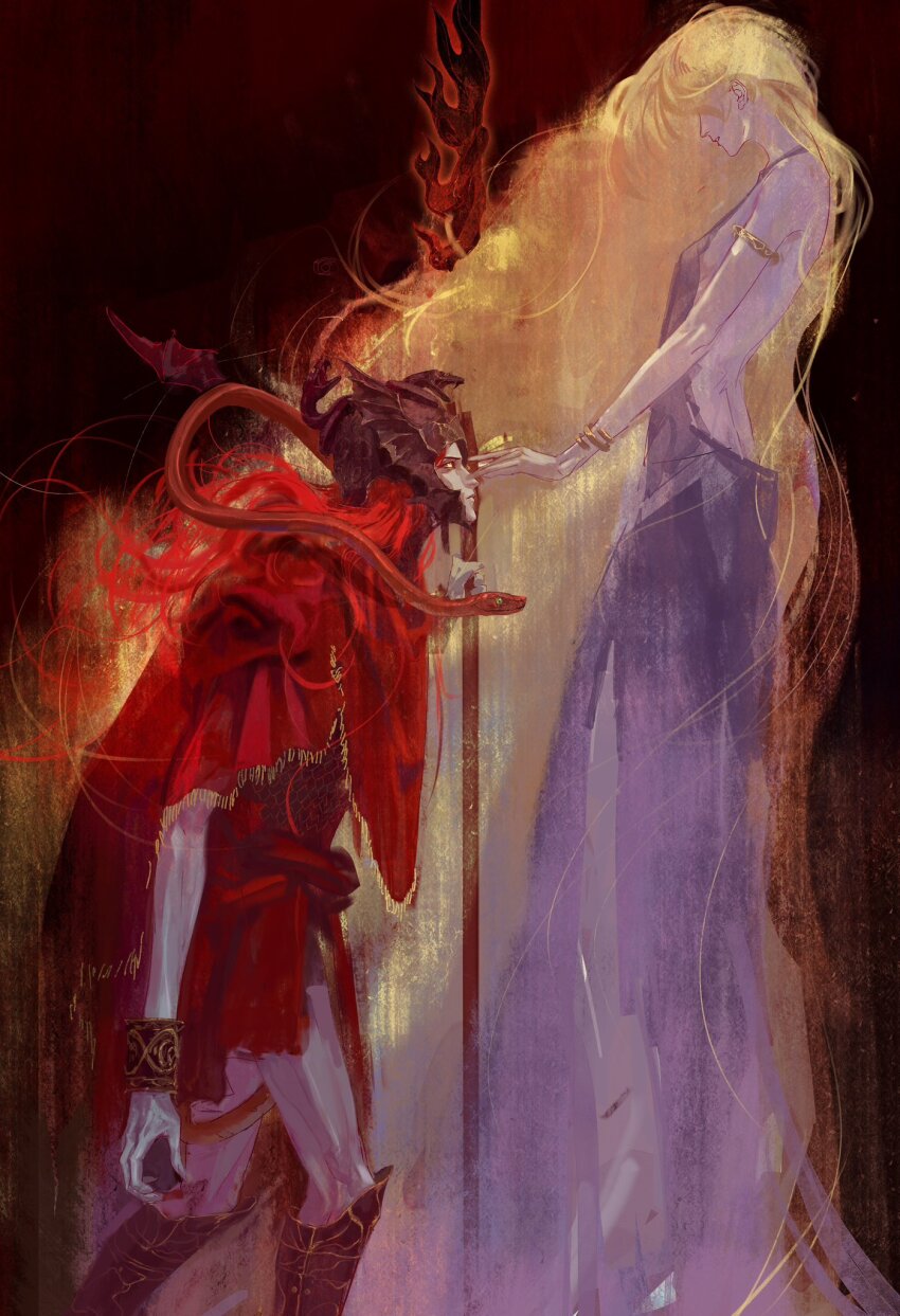 1boy 1girl animal armlet armor blonde_hair bracelet cape dress elden_ring elden_ring:_shadow_of_the_erdtree feet_out_of_frame greaves grey_dress helmet highres holding holding_polearm holding_weapon jewelry long_hair messmer_the_impaler mother_and_son polearm profile queen_marika_the_eternal red_background red_cape red_hair siyemmm sleeveless sleeveless_dress smile snake spear standing very_long_hair weapon yellow_eyes