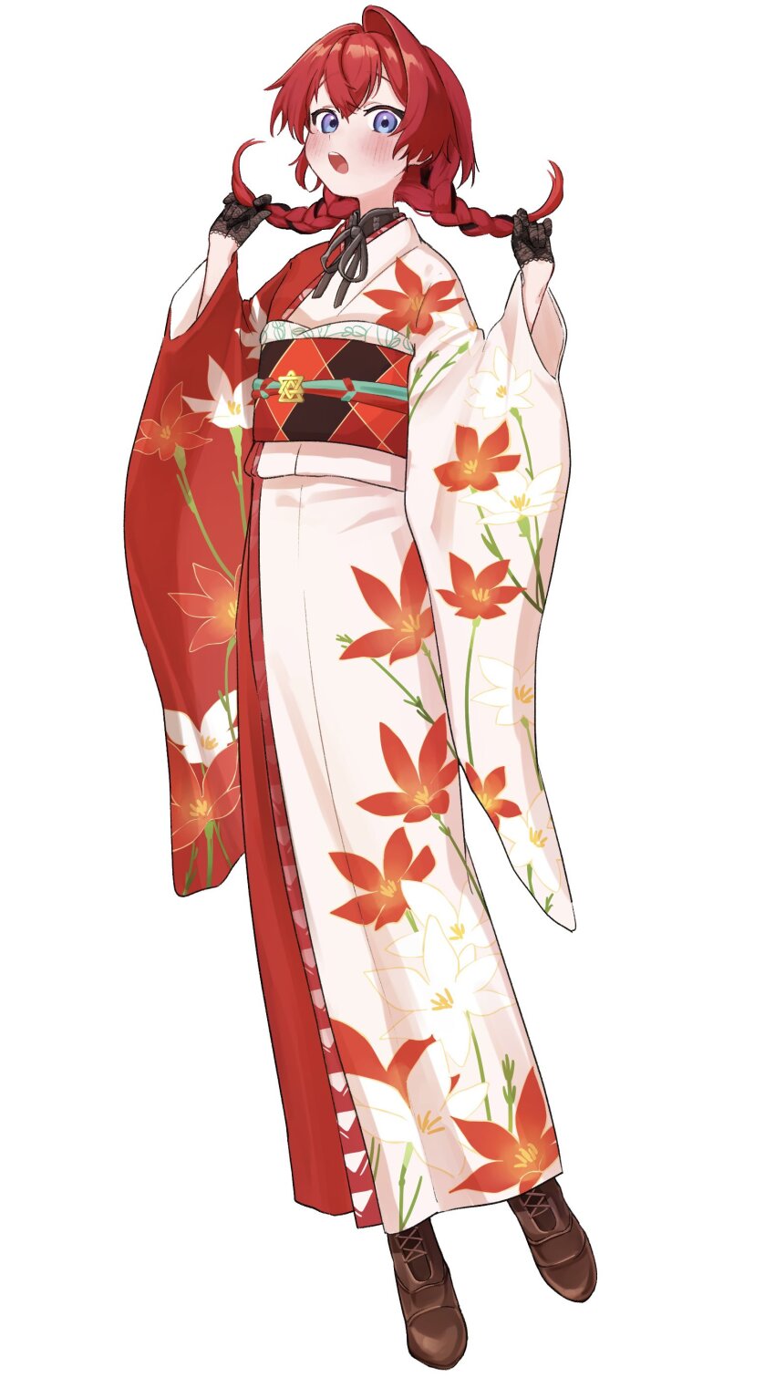1girl 3znk :o absurdres ange_katrina ange_katrina_(new_year) black_gloves black_hair black_sash blue_eyes blush boots braid brown_boots crossed_bangs flat_chest floral_print floral_print_kimono full_body furisode gloves hand_up hashtag-only_commentary highres holding holding_own_hair japanese_clothes kimono lace lace_gloves long_bangs long_hair long_sleeves looking_at_viewer low_twin_braids multicolored_hair multicolored_sash nijisanji obi obiage obijime open_mouth orange_sash print_kimono red_hair red_kimono red_sash sash simple_background single_hair_intake solo standing standing_on_one_leg streaked_hair teeth twin_braids two-tone_hair upper_teeth_only virtual_youtuber white_background white_kimono