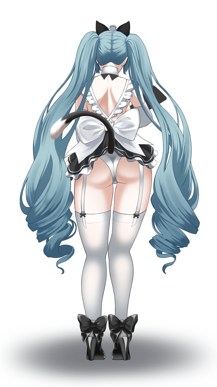 1girl absurdres animal_ears apron ass black_dress blue_hair cat_ears cat_tail dress drill_hair elbow_gloves fake_animal_ears fake_tail from_behind full_body gloves goddess_of_victory:_nikke high_heels highres kuremon legwear_garter light_blue_hair long_hair maid maid_headdress neck_bell official_alternate_costume panties paw_hair_ornament privaty_(nikke) privaty_(unkind_maid)_(nikke) simple_background solo tail thighhighs twin_drills twintails underwear very_long_hair white_apron white_background white_gloves white_panties white_thighhighs