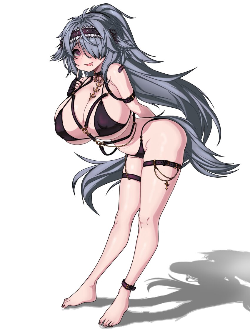 1girl @_@ ankle_belt arm_behind_back bandaid bandaid_on_shoulder barefoot belt bikini black_belt black_bikini black_gloves black_hairband breasts brups_tv drooling fang fingerless_gloves frilled_hairband frills gloves grey_hair hair_over_one_eye hairband hickey highres indie_virtual_youtuber large_breasts leaning_forward long_hair menace_mamaki mole mole_on_breast mouth_drool navel open_mouth purple_eyes see-through_clothes shadow shirt skin_fang solo swimsuit tail thigh_belt thigh_strap torn_clothes torn_shirt virtual_youtuber
