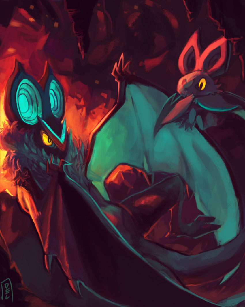 bat_(animal) cave commentary creature delano-laramie english_commentary evolutionary_line eye_contact flying full_body gen_6_pokemon highres looking_at_another nintendo no_humans noibat noivern pokemon pokemon_(creature) yellow_eyes