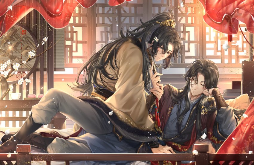 2boys bed black_footwear black_hair blue_kimono blush boots branch brown_jacket chang_geng closed_mouth commentary commentary_request curtains english_commentary eyelashes falling_petals flower folded_fan folding_fan fur-trimmed_jacket fur_trim grey_eyes grey_pants gu_yun hair_ornament hand_fan hand_up haori high_ponytail highres holding holding_fan holding_hands indoors jacket japanese_clothes kimono kingchenxi lattice light_particles long_hair long_sleeves looking_at_another lying male_focus mixed-language_commentary mole mole_under_eye monocle multiple_boys on_bed on_side open_clothes open_jacket pants parted_bangs petals ponytail robe sha_po_lang sidelocks sitting smile tassel very_long_hair white_flower wide_sleeves window yaoi yellow_eyes