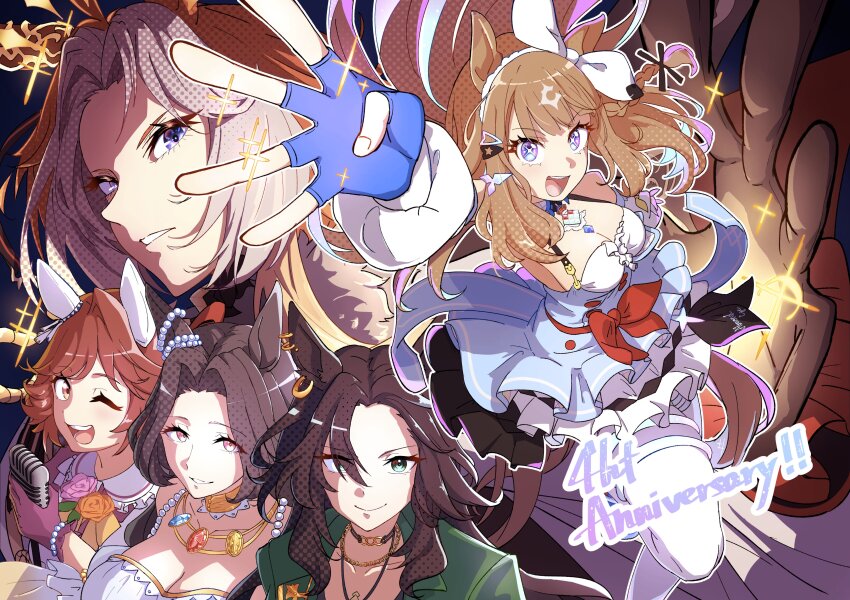 5girls :d ;d absurdres ahoge almond_eye_(umamusume) animal_ears anniversary blue_eyes blue_gloves braided_sidelocks breasts brown_eyes brown_hair chest_jewel cleavage colored_inner_hair detached_sleeves ear_covers ear_scrunchie fingerless_gloves gloves green_eyes green_jacket hair_intakes haiseiko_(umamusume) herushi_shiko highres holding holding_microphone horse_ears horse_girl jacket jewelry large_breasts leg_up long_hair long_sleeves looking_at_viewer medium_breasts microphone multicolored_hair multiple_girls necklace one_eye_closed open_clothes open_jacket open_mouth orange_hair orfevre_(umamusume) pink_eyes saint_lite_(umamusume) single_ear_cover smile speed_symboli_(umamusume) symbol-shaped_pupils thighhighs umamusume white_hair white_thighhighs x-shaped_pupils