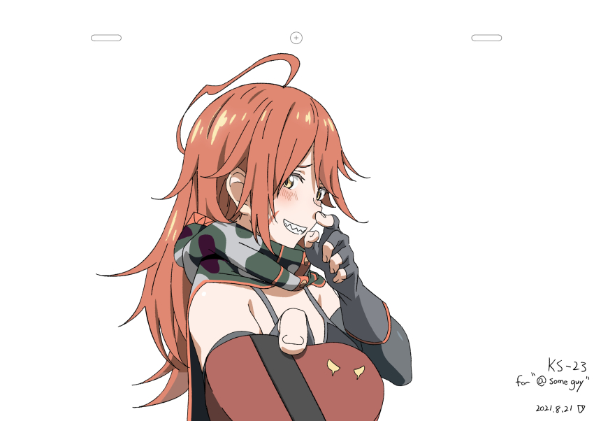 1girl ahoge black_camisole blush box camisole camouflage capelet character_name commentary_request commission dated detached_sleeves facial_scar finger_to_own_nose fingerless_gloves from_side gift girls&#039;_frontline gloves grin heart-shaped_box highres holding holding_gift hood hood_down hooded_capelet incoming_gift ks-23_(girls&#039;_frontline) long_hair looking_at_viewer orange_hair pixiv_commission scar scar_on_cheek scar_on_face sharp_teeth smile solo teeth triangle_bullet upper_body white_background yellow_eyes