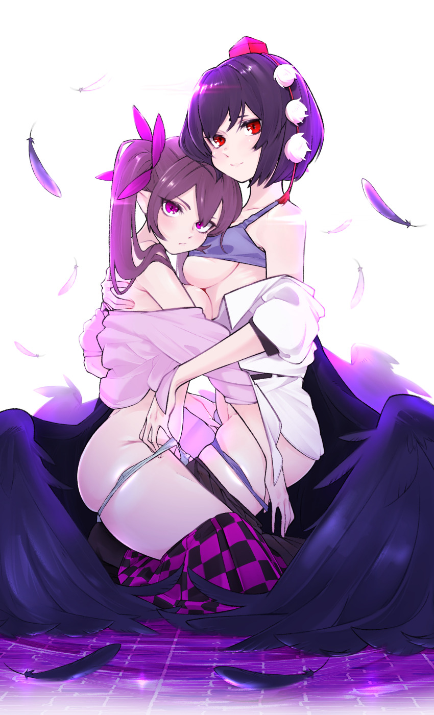 2girls absurdres bare_shoulders bird_wings black_hair black_wings breasts brown_hair checkered_clothes checkered_skirt commentary_request eyebrows_hidden_by_hair eyes_visible_through_hair falling_feathers feathered_wings feathers hat highres himekaidou_hatate hug large_breasts looking_at_viewer multiple_girls off_shoulder panties panty_pull pointy_ears purple_eyes red_eyes shameimaru_aya short_hair shot_(shot0598) simple_background skirt tokin_hat touhou twintails underboob underwear white_background wings yuri