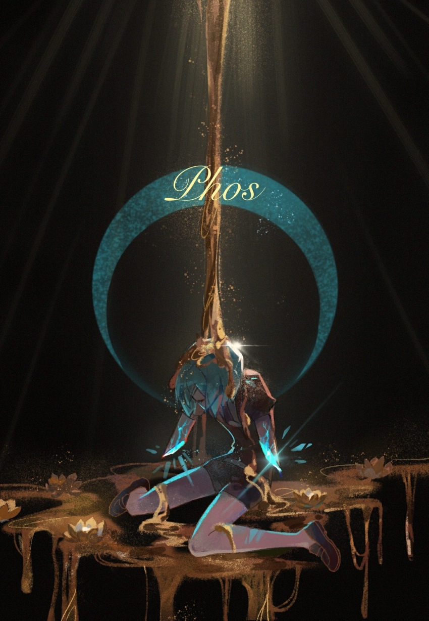 1other amobala amputee androgynous aqua_hair belt black_shoes character_name crescent_moon crystal_hair dark_background double_amputee flower gem_uniform_(houseki_no_kuni) glint glowing gold highres houseki_no_kuni liquid loafers molten_metal moon necktie on_ground other_focus parted_bangs phosphophyllite phosphophyllite_(gemstone) pouring pouring_onto_another puffy_short_sleeves puffy_sleeves sad shirt shoes short_hair short_jumpsuit short_sleeves shorts sitting solo sparkle wariza white_shirt