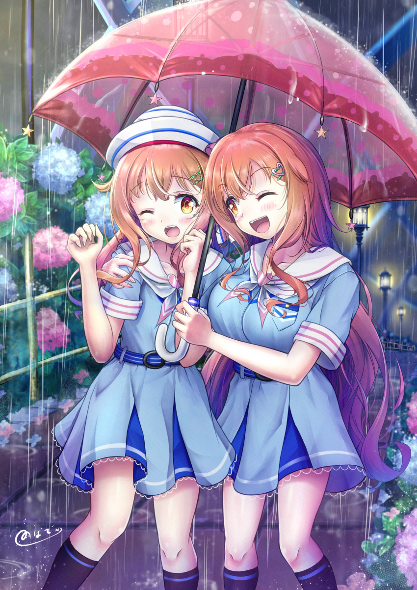 1boy 1girl ;d ;o belt belt_buckle blonde_hair blush breast_pocket breasts brother_and_sister buckle collarbone commentary_request flower hair_ornament hairclip heart heart_hair_ornament highres holding holding_umbrella hydrangea large_breasts long_hair natsusora_aona natsusora_wakana novady one_eye_closed open_mouth orange_eyes original plant pocket rain sailor_collar shared_umbrella siblings smile socks star_(symbol) star_hair_ornament trap twins umbrella very_long_hair white_headwear white_sailor_collar