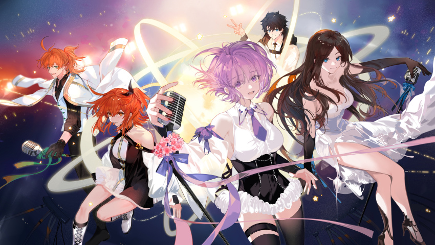 2boys 3girls :p absurdres adapted_costume ahoge alternate_costume arlizi bare_legs bare_shoulders belt belt_buckle black_belt black_dress black_footwear black_gloves black_hair black_jacket black_pants black_ribbon black_shirt black_thighhighs blue_eyes blue_ribbon boots brown_hair buckle chaldea_logo chest_belt closed_mouth cross-laced_footwear crossed_legs detached_sleeves dress elbow_gloves fate/grand_order fate_(series) flower frills fujimaru_ritsuka_(female) fujimaru_ritsuka_(male) gloves green_eyes green_ribbon hair_between_eyes hair_over_one_eye hair_ribbon half-leotard halter_dress halterneck hand_up headset high_heels highres holding holding_microphone_stand hood hooded_jacket jacket jacket_on_shoulders leonardo_da_vinci_(fate) long_hair looking_at_viewer mash_kyrielight microphone microphone_stand multicolored_jacket multiple_boys multiple_girls necktie off-shoulder_dress off_shoulder one_side_up open_mouth orange_eyes orange_hair pants parted_hair pink_flower ponytail purple_eyes purple_hair purple_necktie purple_ribbon ribbon romani_archaman shirt short_hair side_slit sitting sleeveless sleeveless_dress sleeveless_shirt sleeves_rolled_up smile standing star_(symbol) strapless strapless_dress striped_clothes striped_shirt thighhighs tongue tongue_out two-tone_dress two-tone_jacket v vertical-striped_clothes vertical-striped_shirt vest white_dress white_footwear white_jacket white_vest
