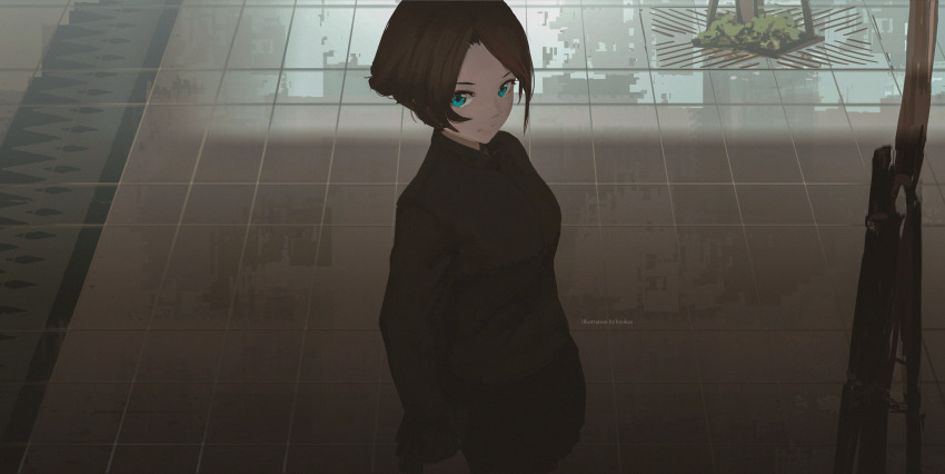 1girl absurdres artist_name black_jacket blue_eyes brown_hair closed_mouth commentary faiz_azhar highres indoors jacket long_sleeves looking_at_viewer original riva_isamu short_hair solo tile_floor tiles upper_body
