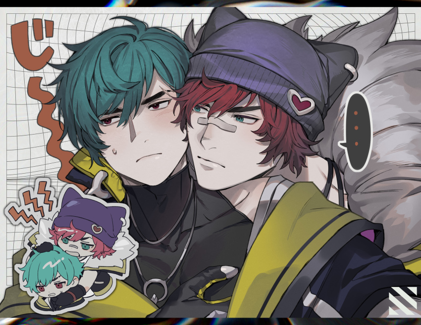 ... 00ff42 2boys aphelios bandage_on_face bandages beanie black_gloves black_hat black_shirt chibi chibi_inset closed_mouth colored_speech_bubble commentary_request frown gloves gradient_hair green_eyes green_hair grid_background hand_on_another&#039;s_chest hat head_on_another&#039;s_shoulder head_rest heart heartsteel_aphelios heartsteel_sett highres jacket jewelry league_of_legends lying_on_person male_focus multicolored_hair multiple_boys necklace nervous nervous_sweating off_shoulder open_mouth pierced_hat red_eyes red_hair sett_(league_of_legends) shirt skin_tight small_sweatdrop speech_bubble spoken_ellipsis sweat turtleneck upper_body white_fur yaoi