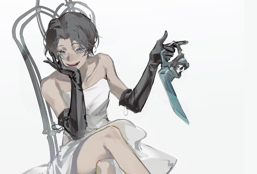 1boy adk-em bandai bandai_namco bat_genome black_gloves black_hair chair crossdressing crossed_legs dress elbow_gloves evil_grin evil_smile evilblade gloves grin handle highres ishimori_prod kagerou_(kamen_rider_revice) kamen_rider kamen_rider_revice on_chair short_hair shuimian_touzhi sitting sketch sketch_background smile sword toei_company tokusatsu trap tv_asahi unfinished weapon white_dress