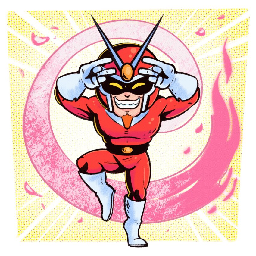 1boy blonde_hair facial_hair gloves goatee grin helmet highres male_focus mask mostlyghostly muscular no_pupils pink_scarf scarf skin_tight smile solo superhero_costume viewtiful_joe viewtiful_joe_(character) white_footwear white_gloves yellow_background yellow_eyes