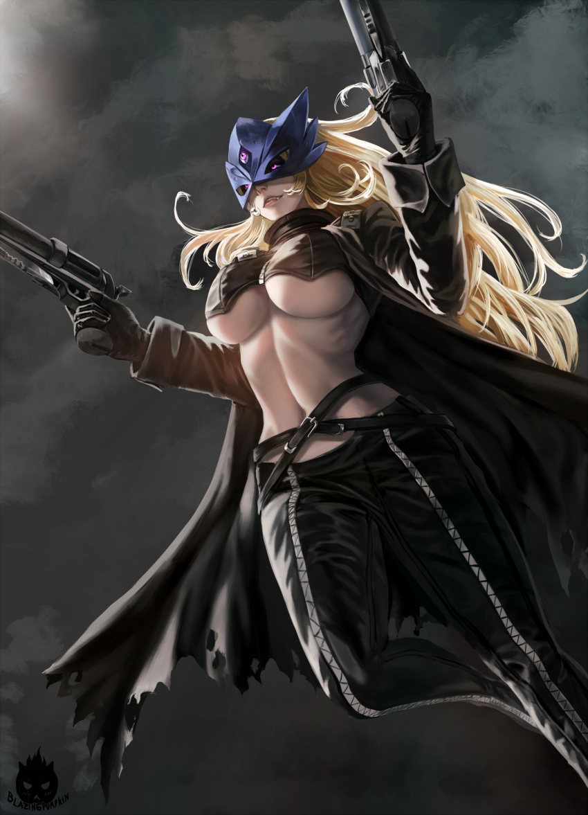 1girl absurdres artist_logo beelstarmon belt black_sclera blazingpumpkin blonde_hair breasts cape colored_sclera combination_weapon curvy digimon digimon_(creature) extra_eyes gloves gun handgun helmet highres knife logo long_hair mask multiple-barrel_gun pistol purple_eyes revealing_clothes revolver rizoma_de_loto solo third_eye torn_cape torn_clothes torn_coat triple-barreled_revolver underboob very_long_hair volley_gun weapon