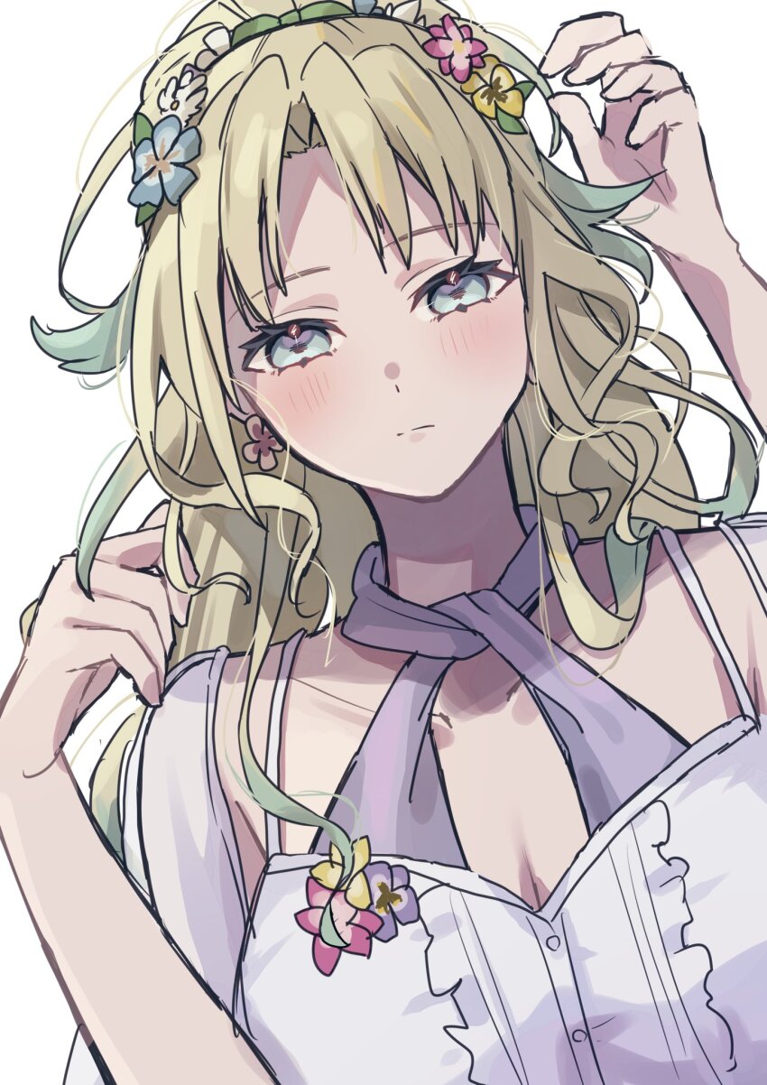 1girl blonde_hair blue_eyes blue_flower blue_hair blush breasts cleavage closed_mouth curtained_hair dress earrings flower flower_earrings gradient_hair green_ribbon hair_flower hair_ornament hair_ribbon half_updo halterneck her-bath-rium highres jewelry light_frown lilac_(li_lac_3) link!_like!_love_live! looking_at_viewer love_live! medium_breasts multicolored_hair official_alternate_costume osawa_rurino parted_bangs pink_flower ribbon simple_background solo spaghetti_strap split_mouth upper_body virtual_youtuber white_background white_dress white_flower yellow_flower
