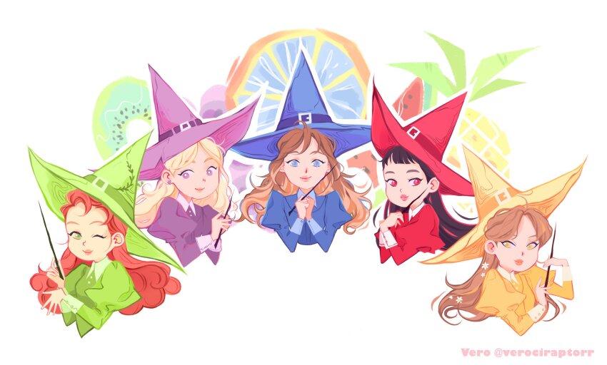 5girls absurdres black_hair blonde_hair blue_eyes blue_hat blunt_bangs brown_hair commentary cropped_torso english_commentary food fruit grapes green_eyes green_hat hat highres irene_(red_velvet) joy_(red_velvet) k-pop kiwi_(fruit) long_hair multiple_girls one_eye_closed orange_(fruit) orange_hair orange_slice pineapple purple_eyes purple_hat real_life red_eyes red_hat red_velvet_(group) seulgi_(red_velvet) simple_background twitter_username verociraptorr wand watermelon wendy_(red_velvet) white_background witch witch_hat yellow_hat yeri_(red_velvet)