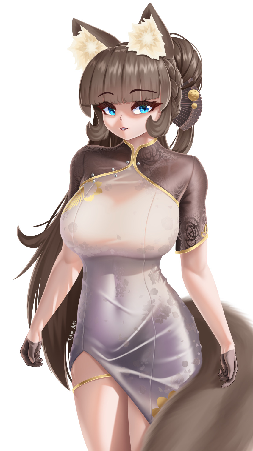 1girl absurdres animal_ear_fluff animal_ears blue_eyes braid breasts brown_hair cat_ears cat_girl cat_tail china_dress chinese_clothes cosplay crown_braid dress floral_print floral_print_dress fluffy gloves gold_trim highres long_hair looking_to_the_side monarch_(azur_lane) monarch_(black_gerard)_(azur_lane) print_dress short_gloves smile tail takie takie_arts taut_clothes taut_dress very_long_hair white_background