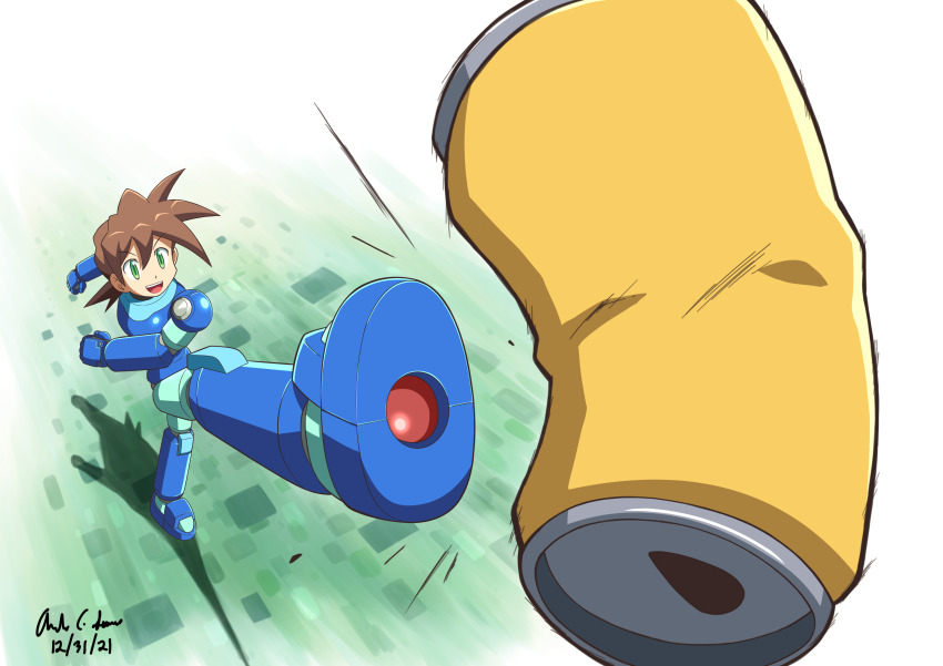 1boy :d absurdres android armor artist_name blue_armor brown_hair can commentary dated english_commentary from_above full_body green_eyes highres innovator123 kicking leg_up male_focus mega_man_(series) mega_man_legends_(series) mega_man_volnutt open_mouth robot shadow short_hair simple_background smile solo standing standing_on_one_leg teeth upper_teeth_only white_background