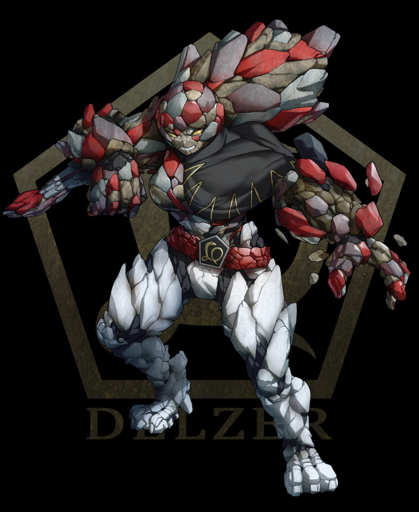 1girl animal_feet baron_rock belt belt_buckle black_background black_cape buckle cape carrying carrying_over_shoulder clenched_teeth club_(weapon) commentary eidenjyou1997 emblem english_commentary full_body genderswap genderswap_(mtf) golem highres kamen_rider kamen_rider_stronger_(series) monster_girl red_belt rock smile solid_eyes solo squatting teeth weapon yellow_eyes