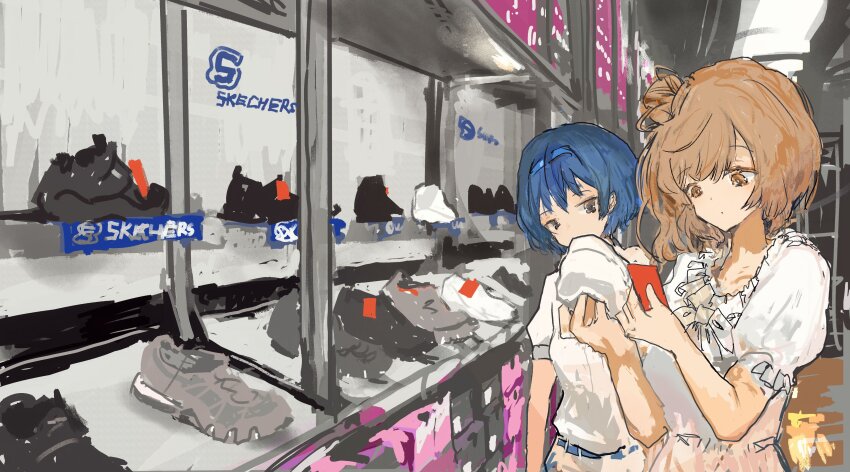 2girls absurdres blue_hair brown_eyes brown_hair cevio closed_mouth commentary_request display_case dress hair_bun hands_up highres holding_shoes indoors kabuyama_kaigi looking_at_object multiple_girls puffy_short_sleeves puffy_sleeves reading satou_sasara shirt shoes shop shopping short_sleeves side_ponytail single_side_bun sketchers standing suzuki_tsudumi unworn_shoes upper_body white_dress white_shirt