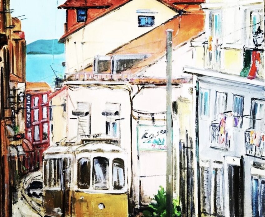 apartment blue_sky building car day momo7rosemary motor_vehicle no_humans original painting_(medium) road scenery sky street streetcar town traditional_media utility_pole water