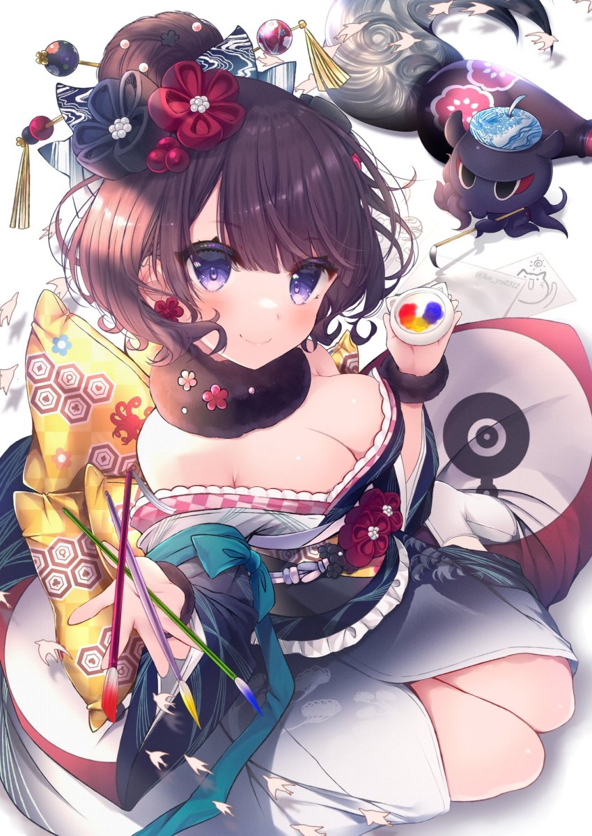 blue_eyes blush bow breasts calligraphy_brush cleavage earrings fate/grand_order fate_(series) flower_earrings giant_brush hair_bun hair_ornament hair_ribbon hairpin highres holding holding_paintbrush ink japanese_clothes jewelry katsushika_hokusai_(fate) kimono ko_yu large_breasts looking_at_viewer octopus paintbrush print_kimono purple_hair ribbon simple_background single_hair_bun smile white_kimono yellow_bow