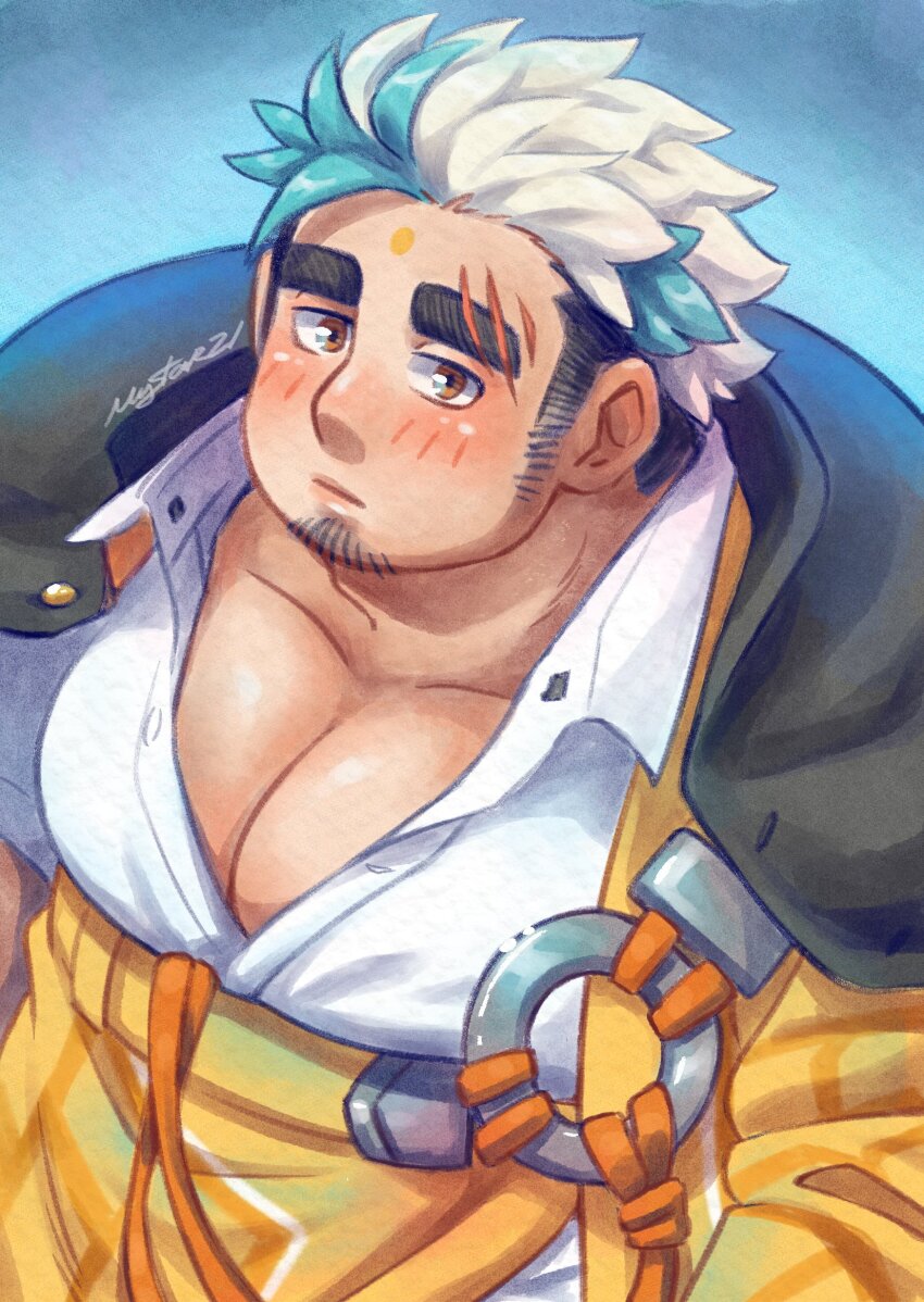 1boy bara blush collared_shirt facial_hair facial_mark fat fat_man forehead_mark goatee_stubble highres huge_eyebrows large_pectorals looking_at_viewer male_focus medium_sideburns multicolored_hair muscular muscular_male mystar21 pectoral_cleavage pectorals sanpaku sanzou_(housamo) shirt short_hair sideburns_stubble solo streaked_hair stubble tokyo_houkago_summoners two-tone_hair upper_body