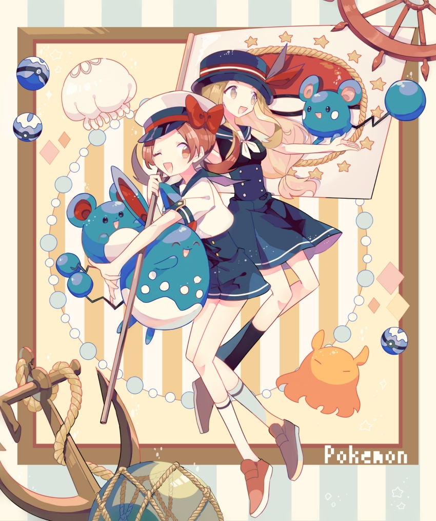 2girls anchor azumarill azurill blue_hat blue_skirt bow brown_footwear brown_hair copyright_name dive_ball flag full_body game_freak gen_2_pokemon gen_3_pokemon hat highres holding holding_flag jellyfish long_hair looking_at_viewer lyra_(pokemon) marill multiple_girls nagatsukiariake nintendo one_eye_closed open_mouth poke_ball pokemon pokemon_(creature) pokemon_hgss pokemon_xy red_bow serena_(pokemon) shirt short_sleeves skirt socks umbrella_octopus white_hat white_shirt white_socks