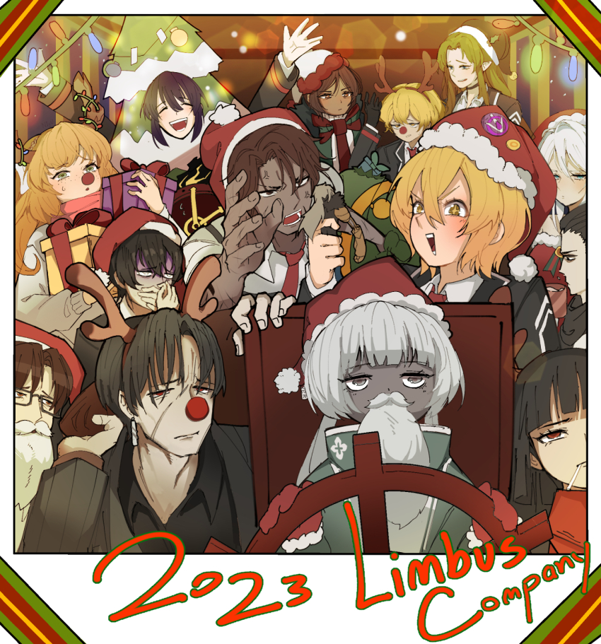1other 6+boys 6+girls anger_vein antlers arms_up bearded_girl black_hair blonde_hair brown_hair charon_(project_moon) christmas christmas_tree_costume clown_nose dark-skinned_female dark-skinned_male dark_skin don_quixote_(project_moon) faust_(project_moon) freckles gregor_(project_moon) hat heathcliff_(project_moon) highres hong_lu_(project_moon) horns ishmael_(project_moon) lannfo limbus_company meursault_(project_moon) multiple_boys multiple_girls nausea open_mouth orange_hair outis_(project_moon) project_moon reindeer_antlers rodion_(project_moon) ryoshu_(project_moon) santa_hat short_hair sinclair_(project_moon) sparkle_in_eye v-shaped_eyebrows vergilius_(project_moon) white_hair yi_sang_(project_moon)