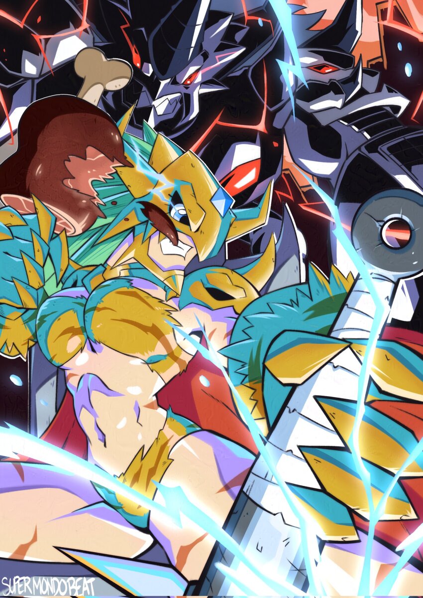 1girl artist_name blue_eyes boned_meat breasts bug club_(weapon) corrupted_twitter_file digimon digimon_(creature) digimon_day eating eye_trail food grankuwagamon green_eyes highres holding holding_club holding_weapon kinkakumon large_breasts light_trail long_hair meat red_eyes revealing_clothes solo_focus spiked_hair strapless supermondobeat tube_top weapon yellow_tube_top