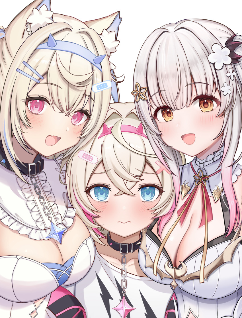 3girls =_hair_ornament absurdres animal_ear_fluff animal_ears bandaid bandaid_hair_ornament belt_collar between_breasts bib_collar blonde_hair blue_eyes blue_streaks blunt_bangs blush breasts chain cleavage clothing_cutout collar collarbone commentary_request crossed_bangs daysss detached_collar dog_ears dog_girl dot_nose double-parted_bangs dress eyelashes fang flower flower_hairpin framed_breasts frilled_collar frills fuwawa_abyssgard fuwawa_abyssgard_(1st_costume) girl_sandwich grey_hair hair_flower hair_intakes hair_ornament hairband highres hololive hololive_english indie_virtual_youtuber large_breasts long_hair looking_at_viewer mococo_abyssgard mococo_abyssgard_(1st_costume) multicolored_hair multiple_girls official_alternate_costume pink_eyes pink_streaks portrait sad sandwiched shirt short_hair simple_background skin_fang smile spiked_hairband spikes streaked_hair suou_patra suou_patra_(10th_costume) two_side_up virtual_youtuber white_background white_dress white_shirt wing_collar x_hair_ornament yellow_eyes