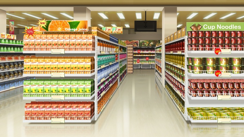 box cardboard_box ceiling_light cup_ramen english_text grocery_store highres indoors juice monitor no_humans non-web_source official_art our_life:_beginnings_and_always reflective_floor shelf shop sign stocking_shelves tile_floor tiles