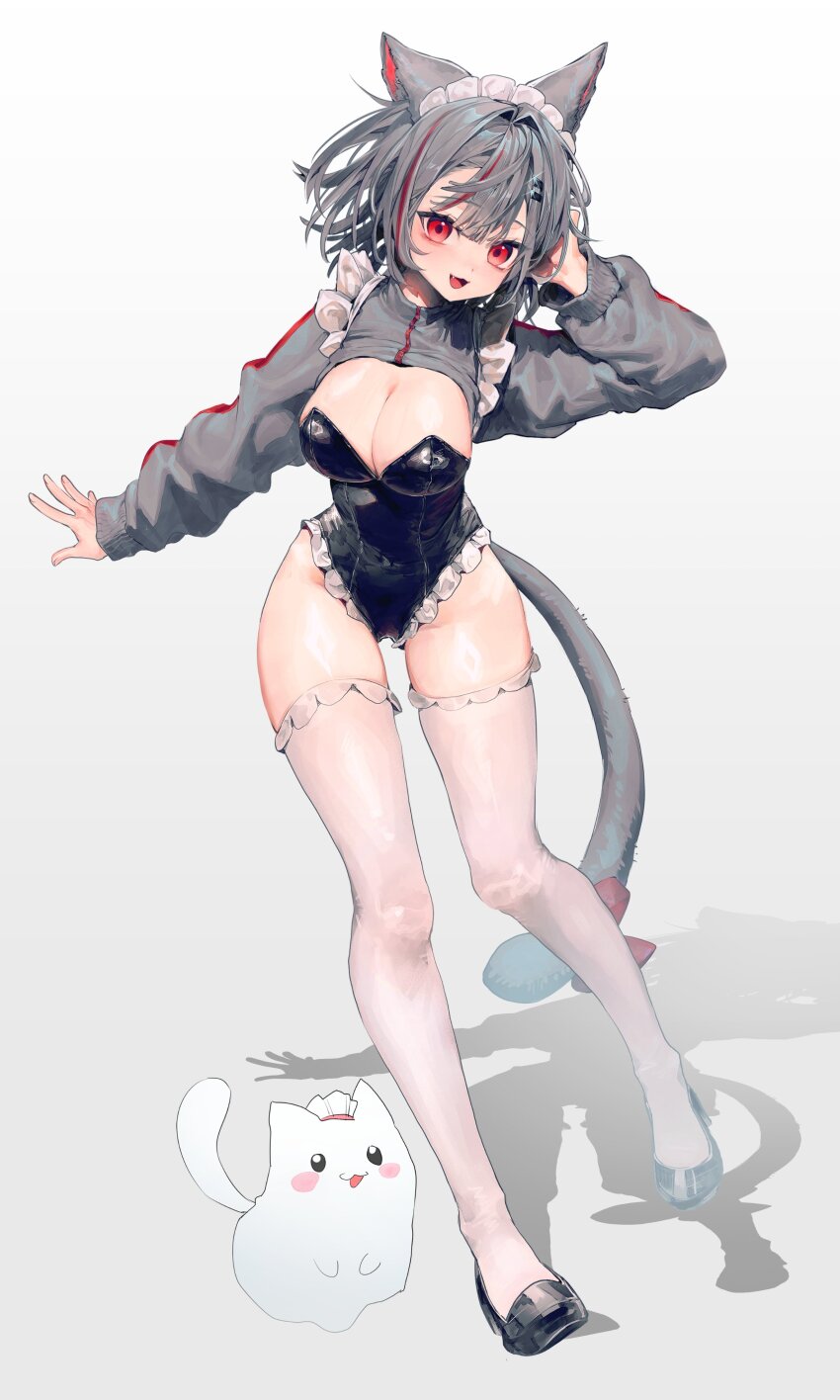 1girl :d absurdres alternate_costume animal_ears black_leotard black_shoes breasts cat_ears cat_girl cat_tail center-flap_bangs cf_sdg cleavage frilled_leotard frills full_body grey_hair grey_shrug hair_ornament hairclip hand_in_own_hair highleg highleg_leotard highres large_breasts leotard looking_at_viewer maid_headdress messy_hair multicolored_hair neneko_mashiro open_mouth outstretched_hand red_eyes red_streaks ribbon shadow shoes shrug_(clothing) smile solo stellive streaked_hair tail tail_ornament tail_ribbon thighhighs virtual_youtuber white_thighhighs