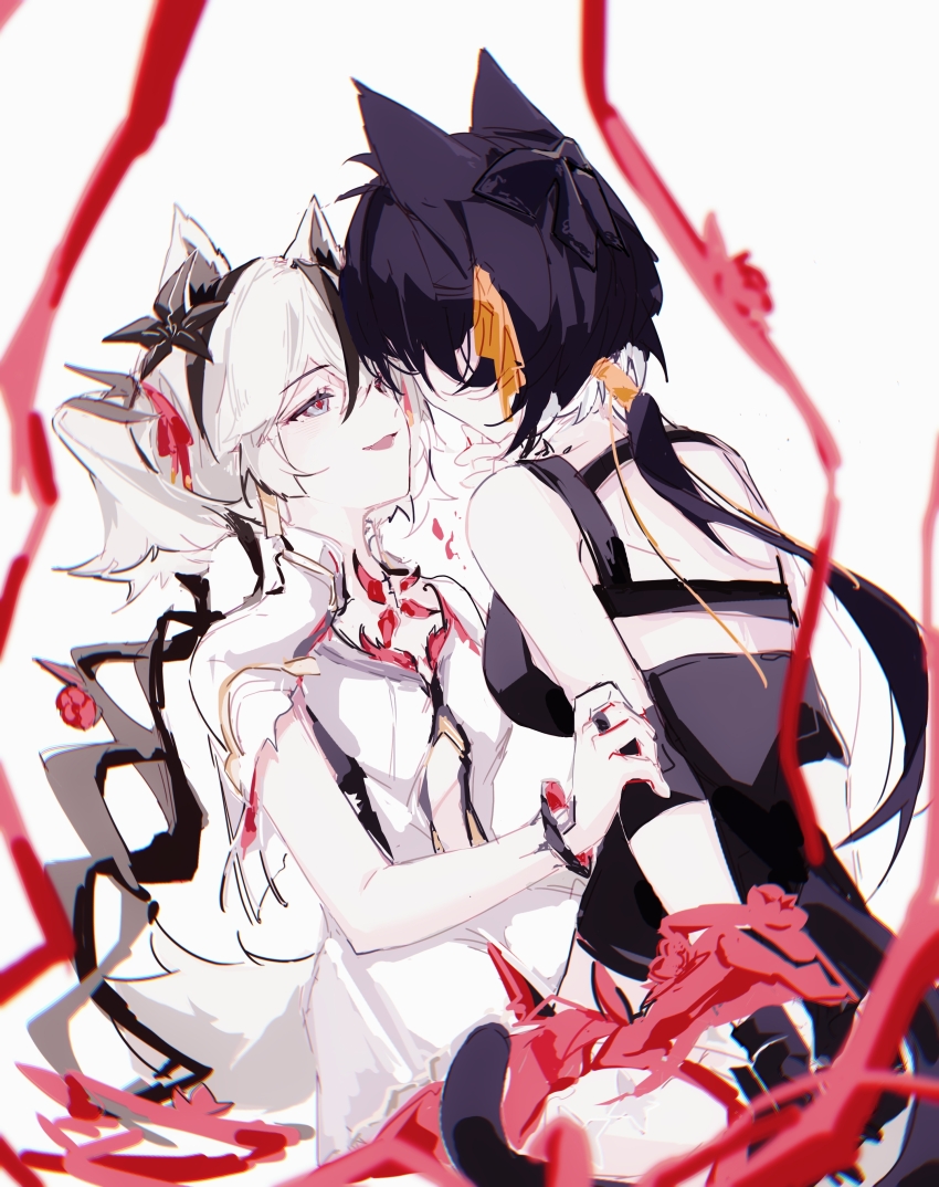 2girls absurdres animal_ears bare_shoulders black_bow black_dress black_eyes black_flower blake_bloom_(wuthering_waves) bound bound_wrists bow breasts camellya_(wuthering_waves) cat_ears cat_girl cat_tail chinese_commentary collar coloki commentary_request dress earrings female_rover_(wuthering_waves) flower gold_earrings hair_bow hair_flower hair_ornament hair_ribbon hair_vines hand_on_another&#039;s_chin highres jewelry kemonomimi_mode large_breasts looking_at_another multiple_girls red_pupils ribbon rover_(wuthering_waves) short_hair sleeveless sleeveless_dress small_breasts smile tail white_collar white_dress white_hair wolf_ears wolf_girl wolf_tail wuthering_waves yellow_ribbon yuri
