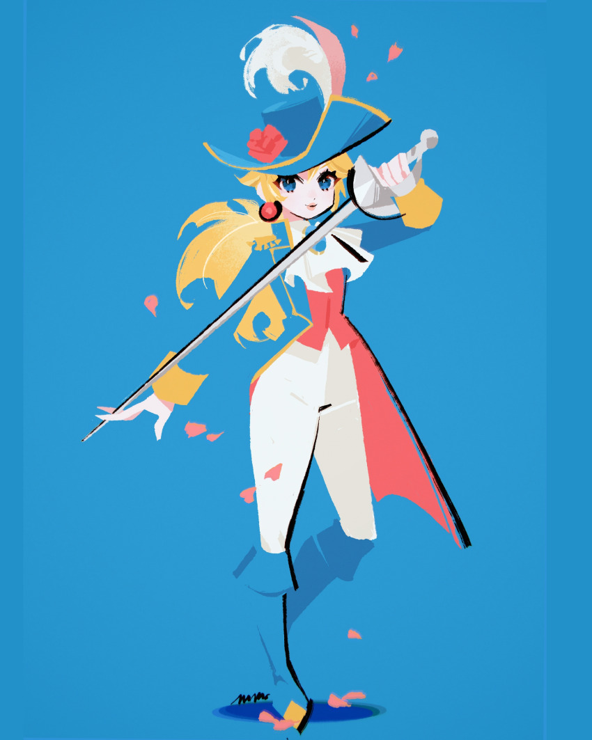 1girl ascot blonde_hair blue_background blue_boots blue_eyes blue_hat blue_jacket boots falling_petals hat hat_feather highres holding holding_sword holding_weapon jacket long_hair looking_at_viewer manodemarina mario_(series) nintendo pants petals princess_peach princess_peach:_showtime! shadow signature solo standing standing_on_one_leg sword swordfighter_peach weapon white_pants