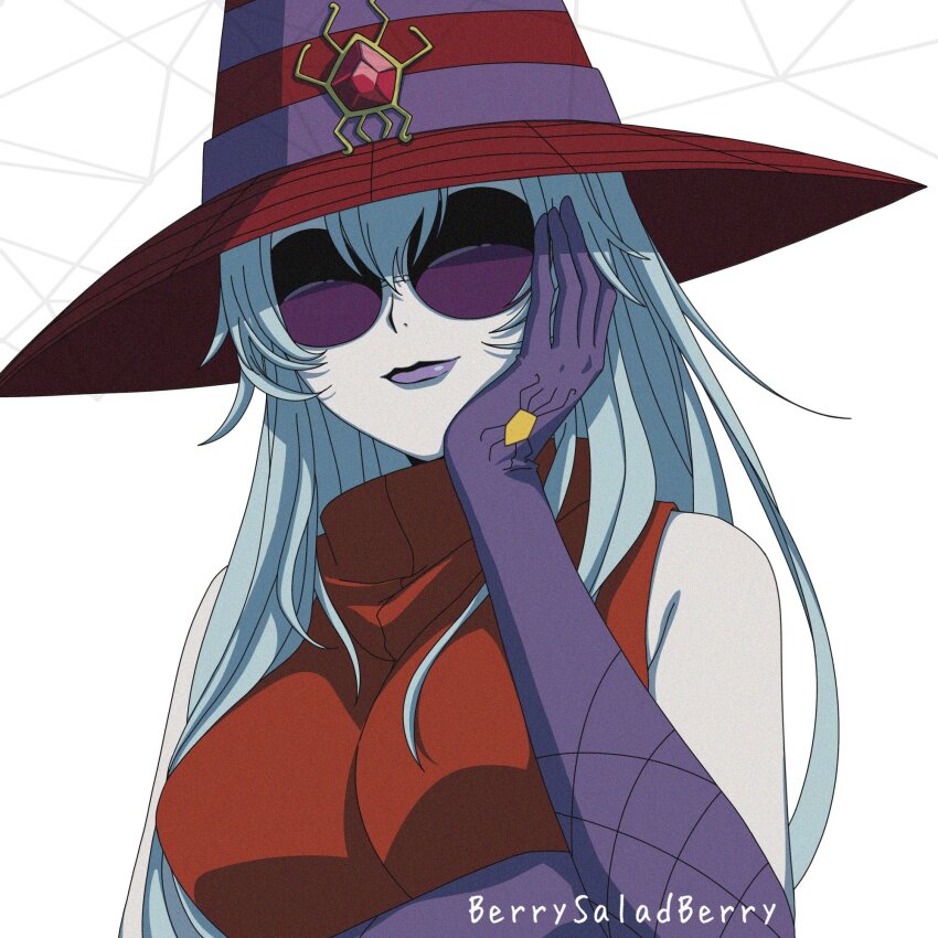 1girl archnemon bare_shoulders breasts digimon digimon_adventure_02 dress elbow_gloves gloves grey_hair hat highres large_breasts purple_lips red_dress red_hat saradaberi simple_background sleeveless sleeveless_dress solo sunglasses upper_body white_background