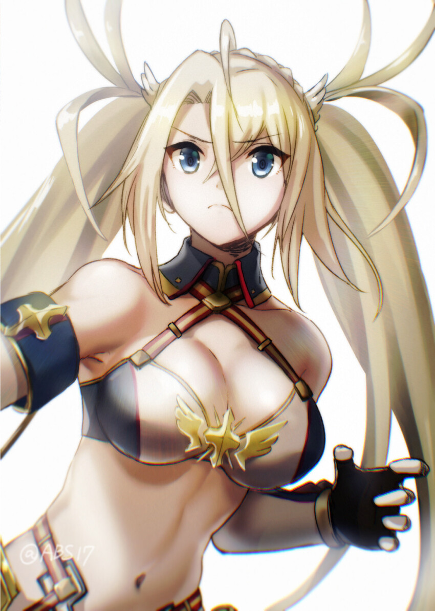 1girl aoba_(smartbeat) armor bare_shoulders bikini blonde_hair blue_bikini blue_eyes blue_gloves bradamante_(fate) bradamante_(third_ascension)_(fate) braid breasts cleavage closed_mouth crossed_bangs crown_braid elbow_gloves fate/grand_order fate_(series) faulds gloves hair_between_eyes highleg highleg_bikini highres large_breasts long_hair looking_at_viewer multicolored_bikini navel solo swimsuit twintails two-tone_bikini two-tone_gloves very_long_hair white_bikini white_gloves