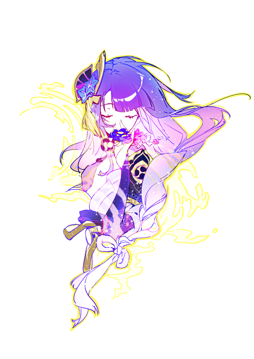 1girl absurdres armor blunt_bangs braid chinese_commentary closed_eyes closed_mouth fan_hair_ornament flower flower_ornament genshin_impact glowing glowing_hair gradient_hair hair_ornament hair_ribbon highres japanese_armor japanese_clothes kimono long_bangs long_hair mitsudomoe_(shape) mole mole_under_eye multicolored_hair neck_ribbon purple_flower purple_kimono purple_ribbon qinglu136 raiden_shogun ribbon shoulder_armor single_braid solo tomoe_(symbol) upper_body white_background