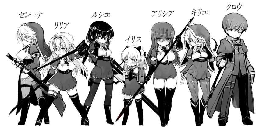 1boy 6+girls alicia_(null) amulet axe backpack bag black_hair black_sclera black_socks blunt_bangs blush book boots braid breasts capelet chibi coat colored_sclera dress dual_wielding elbow_gloves eyes_visible_through_hair fighting_stance french_braid frilled_legwear frilled_skirt frills glasses gloves greyscale gun habit hair_over_one_eye hairband hand_on_own_chest height_difference holding holding_axe holding_book holding_sword holding_weapon iris_(null) jpeg_artifacts kirie_(null) knee_boots kneehighs kurou_(null) large_breasts lilia_(null) long_hair lushe_(null) monochrome monocle multiple_girls necktie null_(nyanpyoun) open_book original pants pantyhose polearm randoseru rifle scarf serena_(null) sheath short_hair short_necktie side_slit simple_background single_braid skirt small_breasts socks spear sword test_tube thigh_boots thigh_strap thighhighs unsheathing weapon white_background zettai_ryouiki