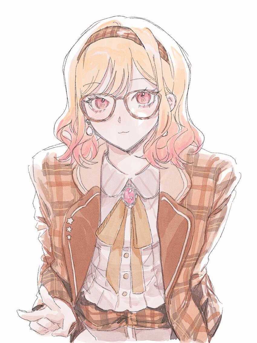 1girl :3 blonde_hair brooch brown-framed_eyewear brown_hairband brown_jacket brown_shorts collared_shirt cropped_legs dress_shirt earrings faux_traditional_media film_grain glasses gradient_hair hairband happy_enjoy_music!_(project_sekai) hashtag-only_commentary highres jacket jewelry looking_at_viewer medium_hair multicolored_hair neckerchief official_alternate_costume open_clothes open_jacket orange_neckerchief parted_bangs pink_eyes plaid_clothes plaid_hairband plaid_jacket plaid_shorts project_sekai re_memberry shirt short_shorts shorts sidelocks simple_background solo tenma_saki v white_background white_shirt