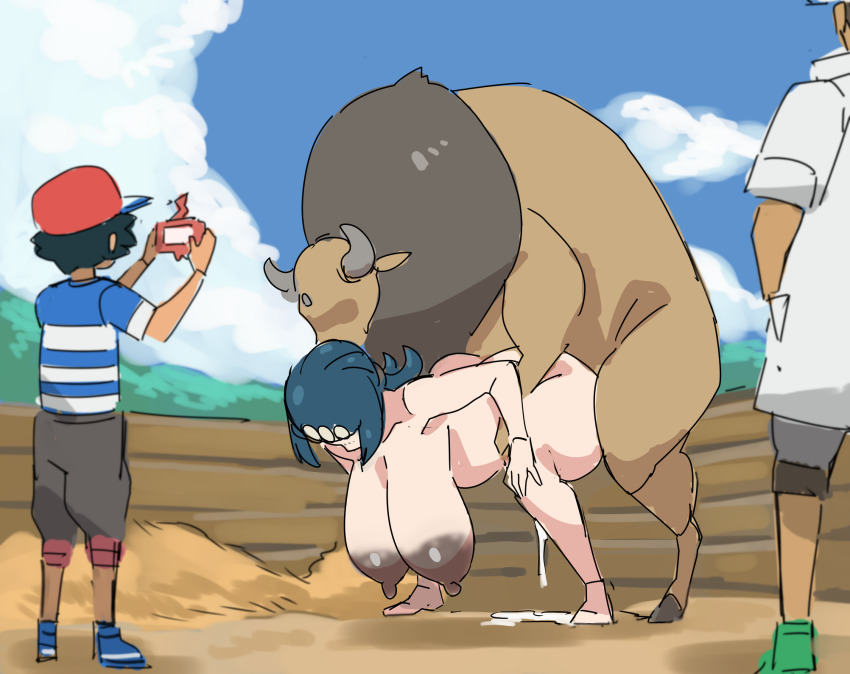 1girl 3boys ash_ketchum ass bestiality blue_hair breasts cum cum_in_pussy doggystyle ejaculation gen_1_pokemon highres huge_ass huge_breasts kanden-ki lana&#039;s_mother_(pokemon) long_hair multiple_boys nintendo nipples nude outdoors pokemon sex sex_from_behind tauros