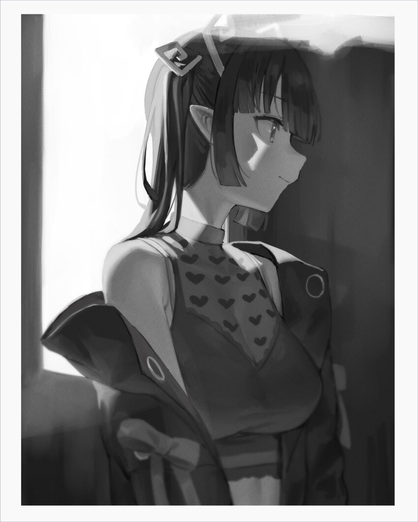 1girl absurdres blunt_bangs border breasts cleavage closed_mouth crop_top demon_girl demon_horns frikulu greyscale heart heart_print highres horns jacket kojo_anna kojo_anna_(1st_costume) long_hair looking_afar medium_breasts monochrome nanashi_inc. off_shoulder open_clothes open_jacket pointy_ears print_shirt see-through_clothes see-through_cleavage see-through_shirt shirt sleeveless sleeveless_shirt smile solo twintails upper_body virtual_youtuber