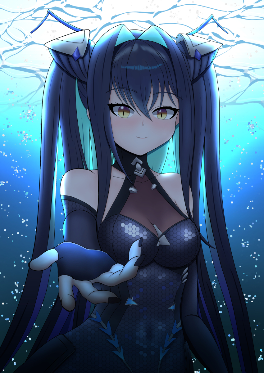 1girl absurdres alsrudfkr99 aqua_hair black_bodysuit black_hair bodysuit breasts cleavage colored_inner_hair gloves goddess_of_victory:_nikke hair_intakes halterneck highres large_breasts little_mermaid_(nikke) long_hair looking_at_viewer multicolored_hair see-through_cleavage see-through_clothes solo underwater very_long_hair yellow_eyes