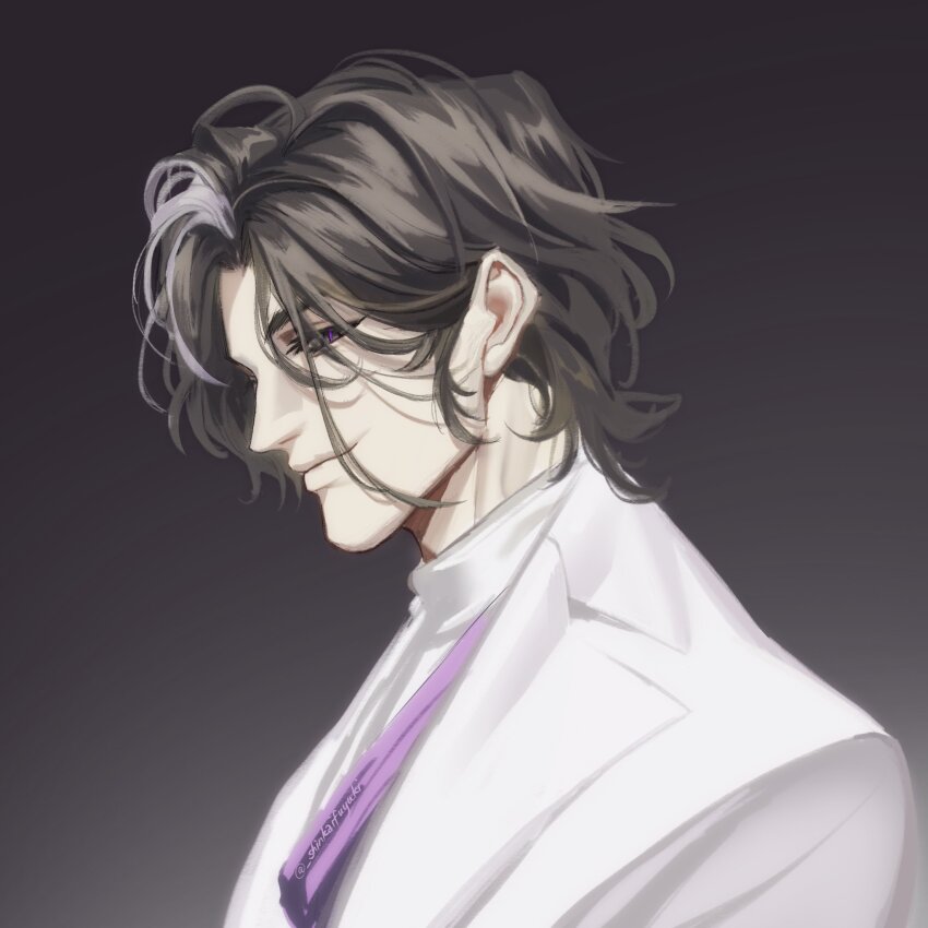 1boy black_hair character_request commentary formal_clothes grey_hair highres jacket light_and_night_love male_focus multicolored_hair portrait profile purple_sash sash shinkaifuyuki signature smile solo streaked_hair suit turtleneck two-tone_hair white_jacket white_suit