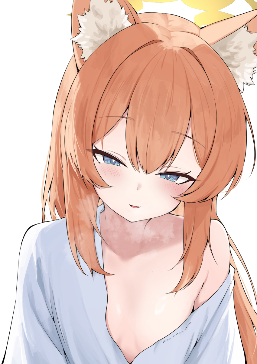 1girl absurdres animal_ear_fluff awnw blue_archive blue_eyes blush commentary_request flat_chest halo heavy_breathing highres loli long_hair mari_(blue_archive) orange_hair partial_commentary simple_background solo white_background yellow_halo