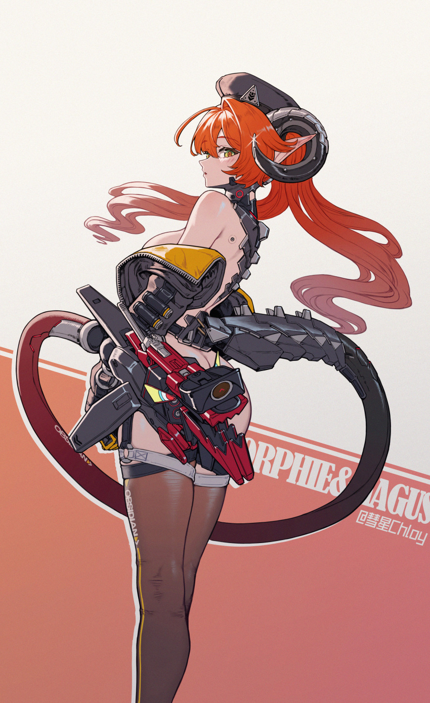 1girl absurdres bare_shoulders black_thighhighs curled_horns hat highres horns huixing_chloy jacket long_hair magus_(zenless_zone_zero) mechanical_spine orphie_magnusson red_eyes red_hair signature simple_background solo tail thighhighs zenless_zone_zero