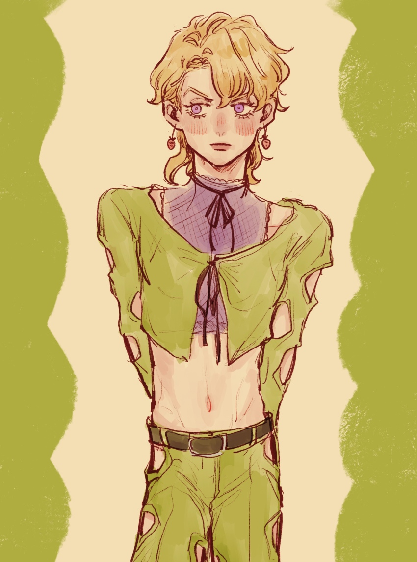 1boy absurdres belt bishounen black_belt blonde_hair blush cowboy_shot curly_hair curtained_hair earrings food-themed_earrings food_themed_earrings green_background green_pants green_shirt green_theme highres jewelry jojo_no_kimyou_na_bouken looking_to_the_side male_focus medium_hair midriff navel okokoro_zaiku pannacotta_fugo pants parted_hair purple_eyes shirt straight-on strawberry_earrings tied_shirt two-tone_background vento_aureo white_background