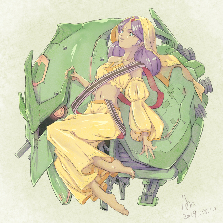 artist_request barefoot dark-skinned_female dark_skin elmeth female_focus green_eyes gundam highres indian_clothes lalah_sune midriff mobile_suit_gundam