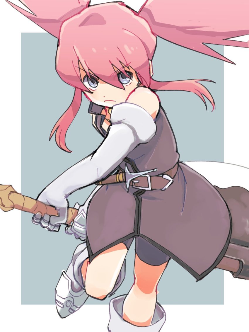 1girl axe azuma_yukihiko belt belt_buckle black_dress black_shorts blue_background blue_eyes boots border buckle commentary detached_sleeves dress foot_out_of_frame frown glaring highres holding holding_axe huge_weapon leg_up long_hair pink_hair presea_combatir shorts shorts_under_dress simple_background solo tales_of_(series) tales_of_symphonia twintails weapon white_boots white_sleeves
