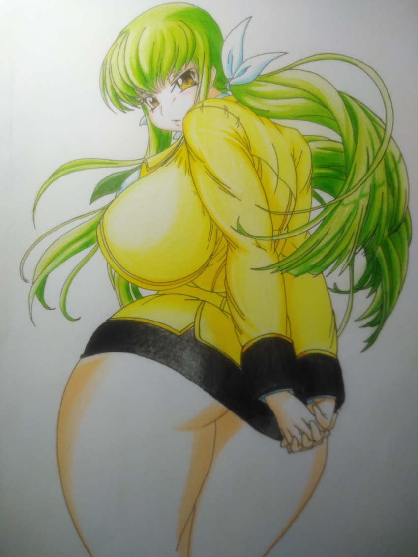 absurdres alternate_body_size arms_behind_back ashford_academy_school_uniform ass ass_expansion breast_expansion breasts c.c. c.c._(cc_c2) code_geass fat forsakencause green_hair highres huge_ass huge_breasts plump puffy_cheeks school_uniform thick_thighs thighs tight_clothes undersized_clothes weight_gain yellow_eyes